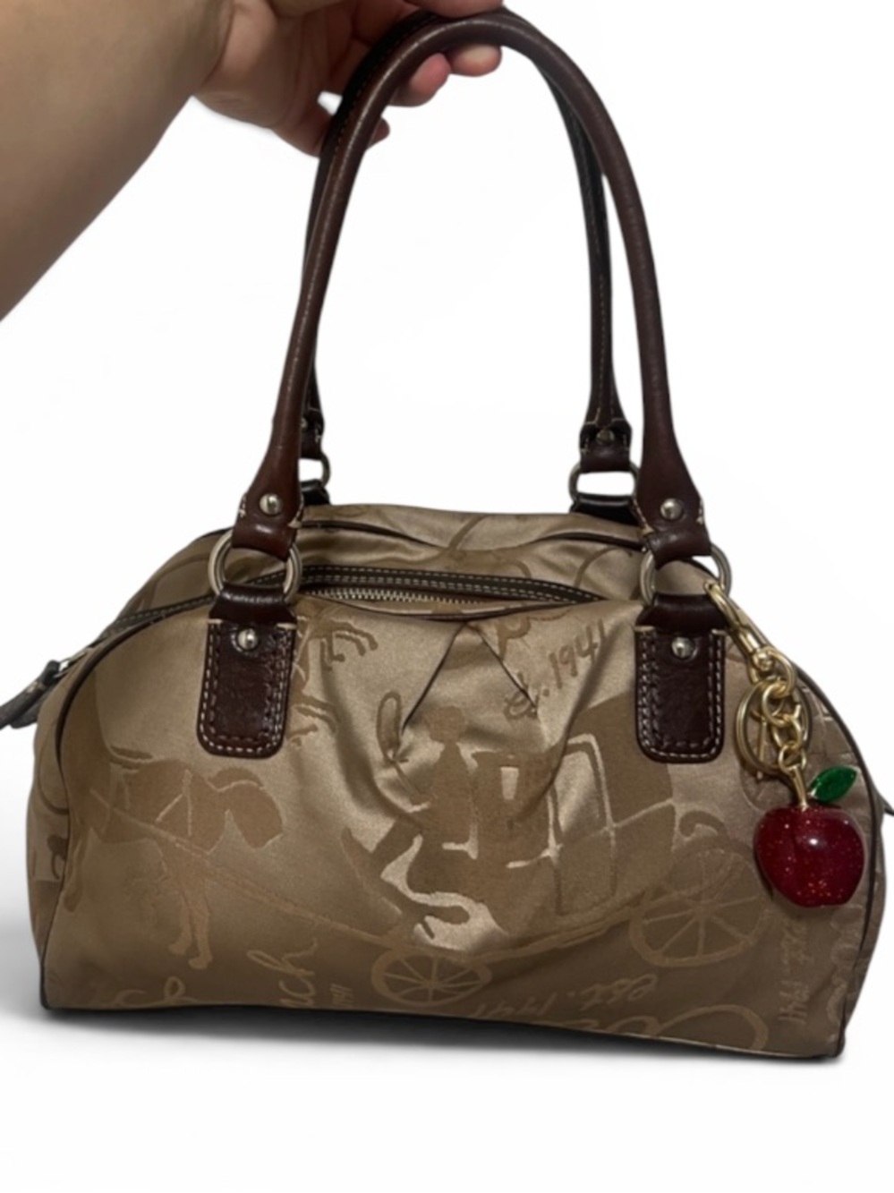Coach horse and carriage Taupe Dome Satchel Bag with cherry  Charm
